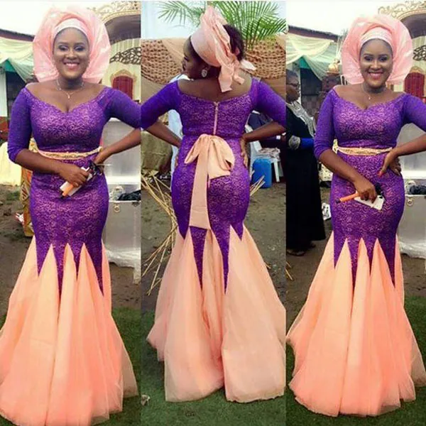 Modest Nigerian Evening Dresses Plus Size Mermaid Scoop Neck Off the Shoulder Half Sleeves Purple Lace Peach Color Sash Skirt Prom Gown