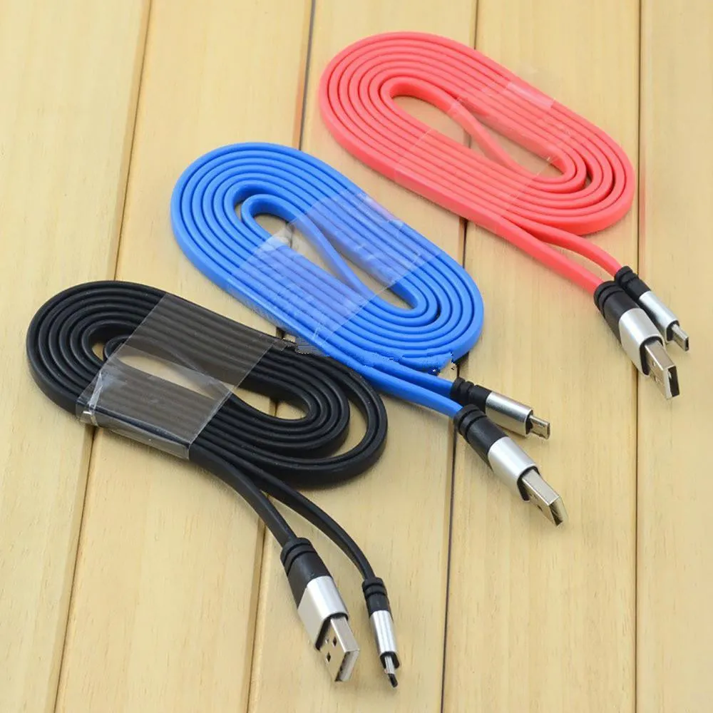 2.0A Real High Speed 1M 3FT Micro USB Flat Noodle Cable Charger Sync Data Extra Charging Line Aluminum Metal Head Charge Cord For Samsung L