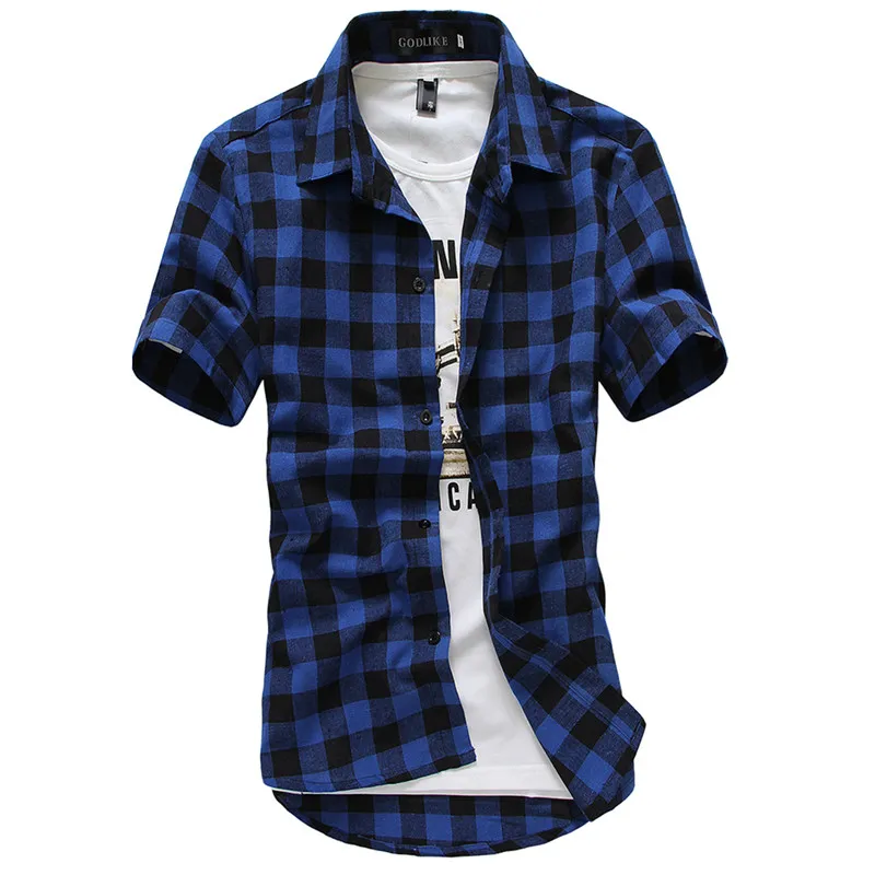 Chemise à carreaux en gros-rouge et noir hommes chemise d'été style Vetement Homme Casual Outdoorwear hommes chemises habillées Camisa Social Shirt hommes