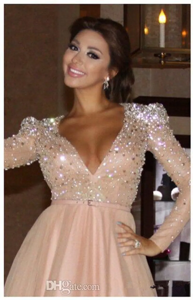 Gorgeous 2021 Dresses V Neck Long Sleeve Baby Pink A Line Evening Wear Heavy Crystal Beaded Formal Celebrity Red Carpet Prom Evening Dress