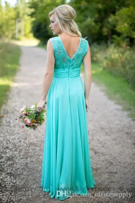 Turquoise Lange Land Bruidsmeisjes Jurken Ronde Hals Chiffon Vloer Lengte Kant V Backless Long Maid of Eer Bruidsmeisjes Jurken