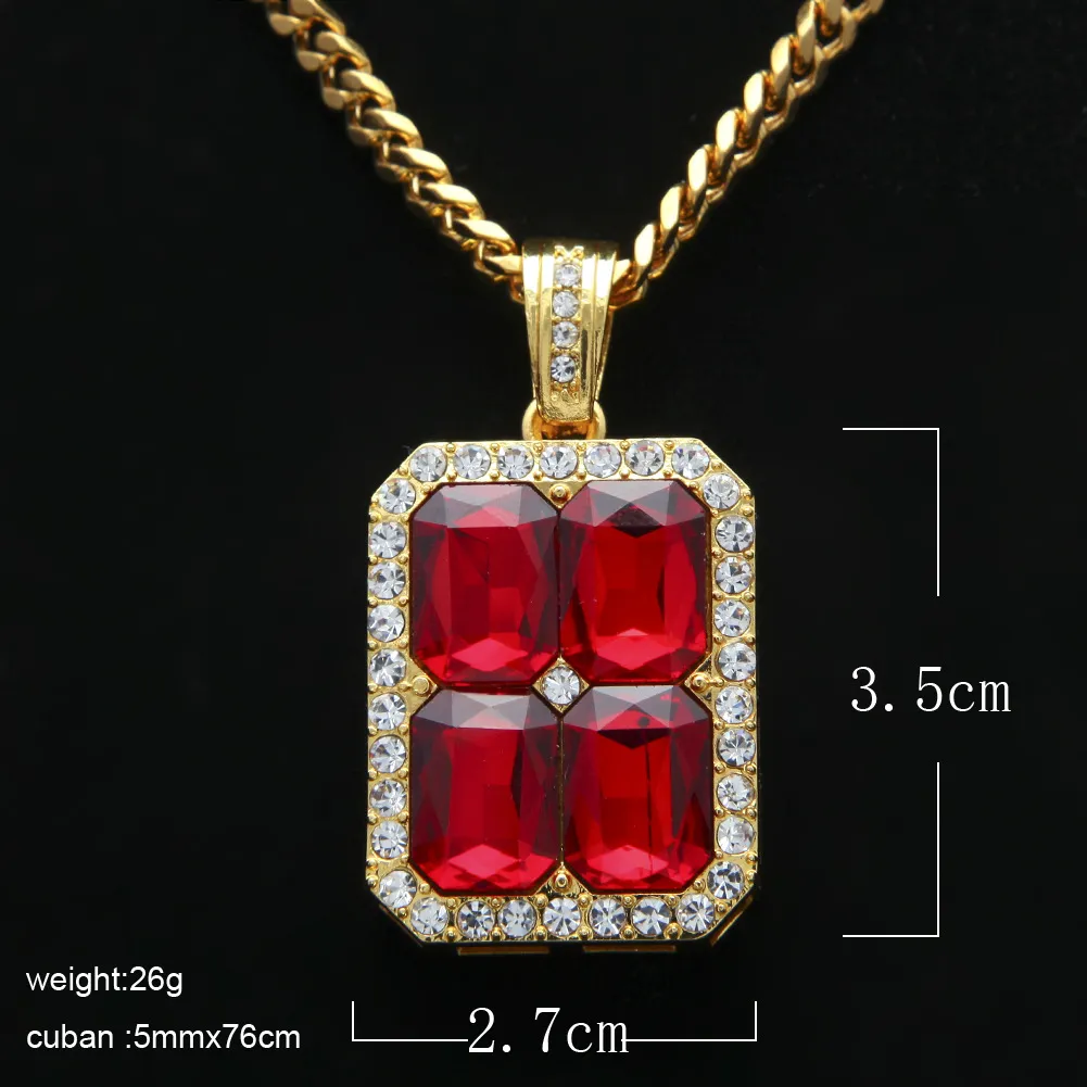 Ruby Rapper Chain Hip Hop Square Ruby Pendant With Cuban Chain 14K Gold Plated Mens ...