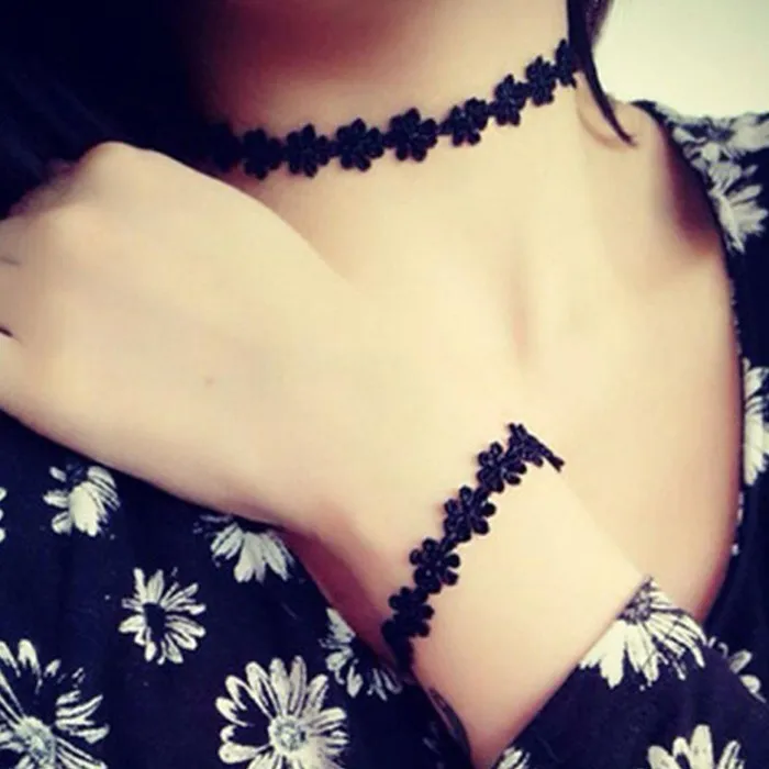 Tattoo Elastic Choker Necklace & Bracelets Set Retro Gothic Boho Lace Tattoo Choker Stretch Necklace Black Retro Henna Vintage 80s 90s