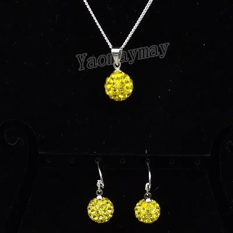 10mm Yellow Disco Ball Pendant Earrings And Necklace Rhinestone Jewelry Set 10 Sets Wholesale