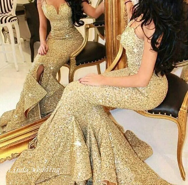 2019 Gold Sequins Prom Dress Sexy Mermaid Spaghetti Straps Special Occasion Dress Formal Evening Party Dress