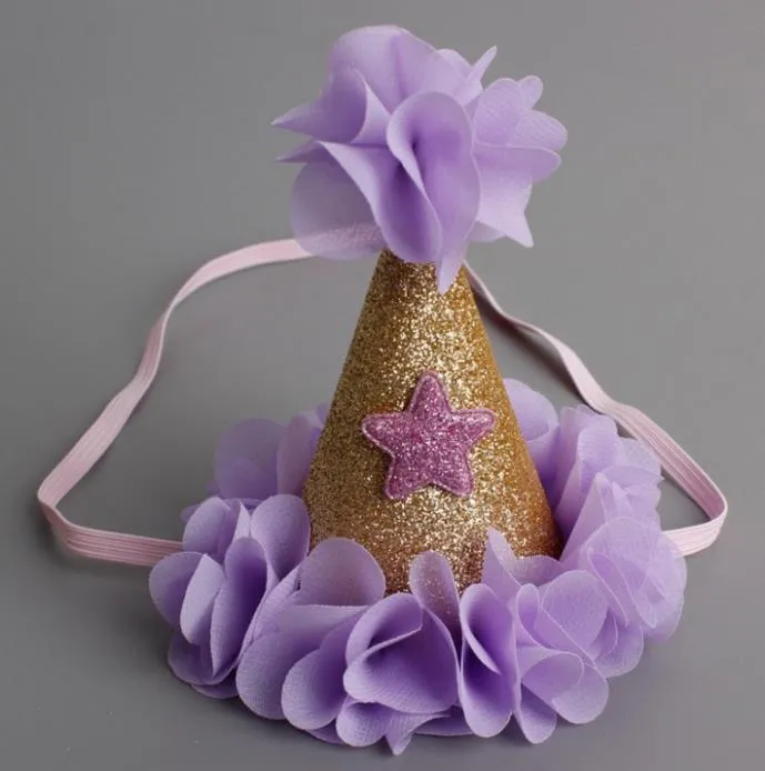 Bebek Duş Doğum Günü Koni Şapka Taç Şifon Çiçek Yıldız Tiara Kafa Çocuk Kız Parti Saç Bantları Aksesuarları