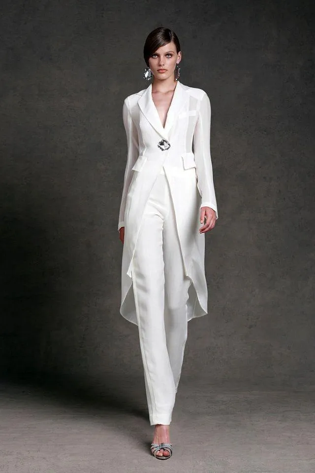 White Bridal Trouser Suits With Long Jacket For Bridal, Mother Of