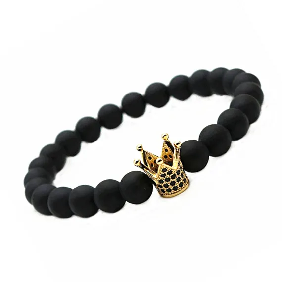 Micro Pave Black CZ Zirconia Vergulde Crown Beaded Strands Armband Sieraden Saai Poolse Matte Steen Bead Armbanden voor Mannen