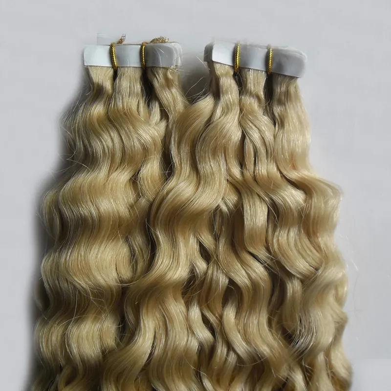 kinky curly Tape in hair extensions human 100g Skin Weft hair extension #613 Bleach blonde brazilian curly virgin human hair