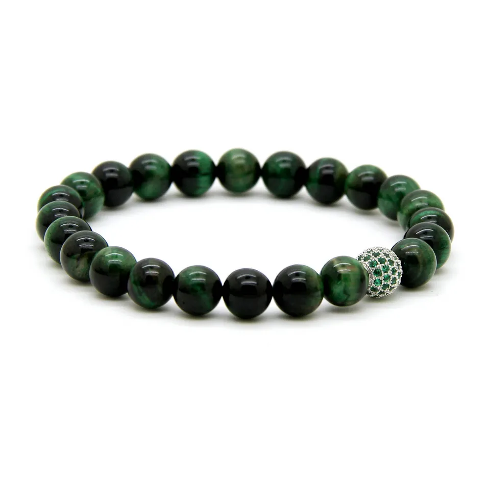 8 mm A Green Tiger Eye Stone Beads z 9 mm mikro utwardzoną zieloną zieloną CZ Ball Bade Party Prezent Bransoletka 158L