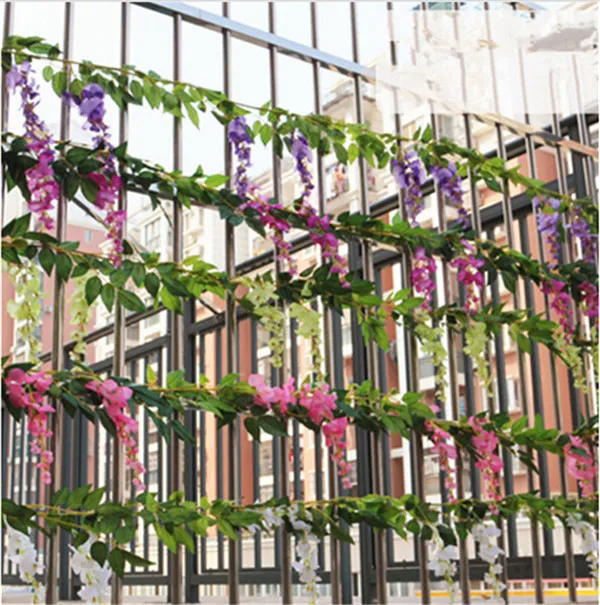 190cm Fake Wisteria Flower Rattan Silk Wall Mounted Flower Vines Silk Plants Fabric Garlands for Wedding Party Decorative Flowers