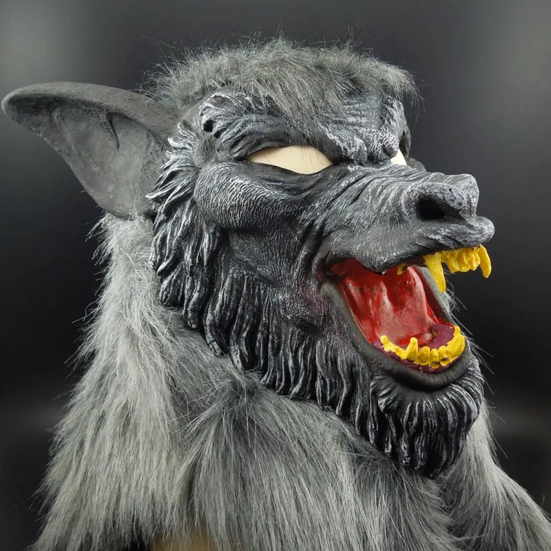 On Sale Halloween mask Creepy Black Wolf Yellow Teeth Fierce Open Mouth Wolf Horror animal mask free shipping