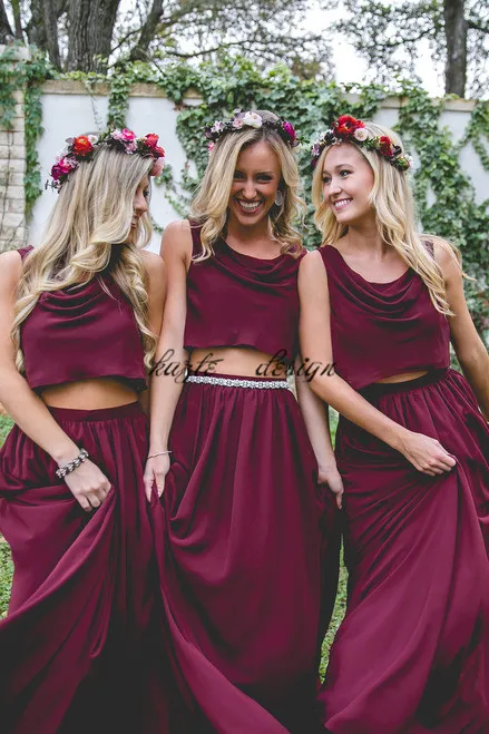 Uva revista huella Vestidos de dama de honor largos de color rojo vino de Borgoña dos piezas  2018 Tallas