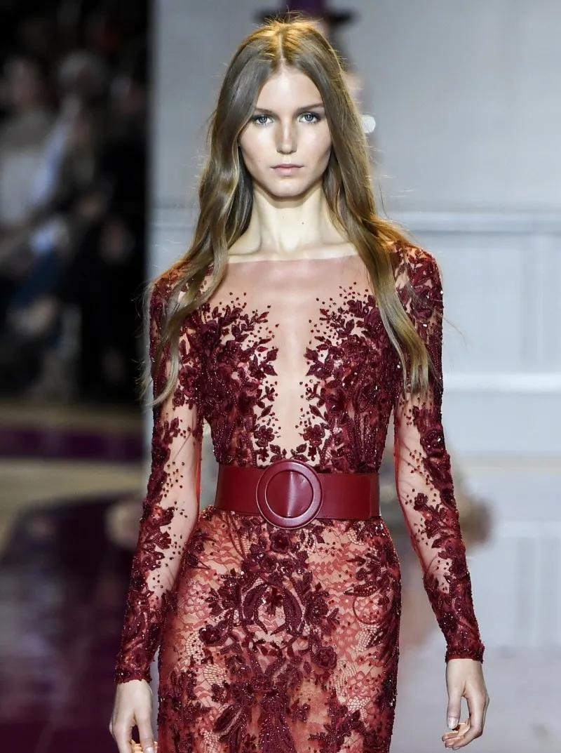 Zuhair Murad Long Sleeves Evening Dresses Bateau Appliques Lace Sequins Celebrity Gowns Floor Length Evening Party Wear