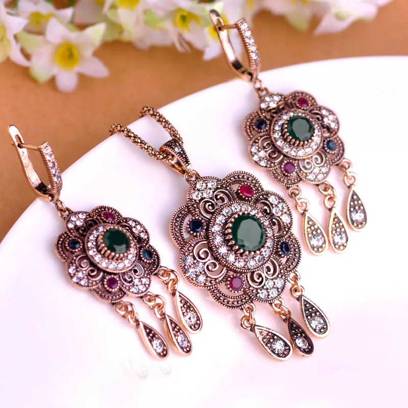 Wholesale Vintage Turkish Jewelry Sets Green Flower Pendant  display picture 2