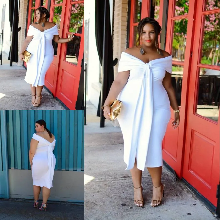 Charmig vit plusstorlek klänningar från axeln korta aftonklänningar ärmar Billiga te längd Backless Formal Dress 415