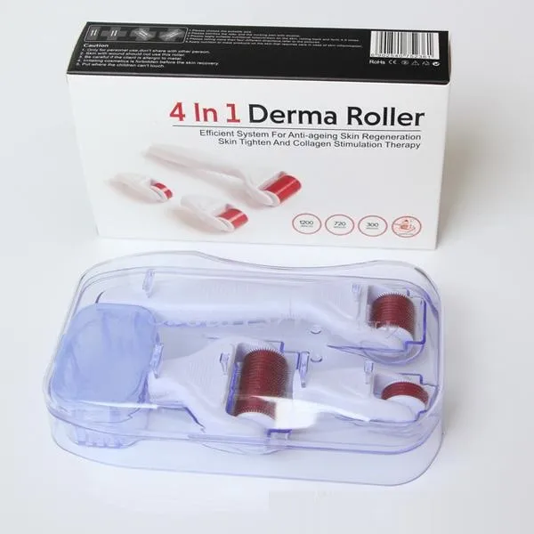 TM-DR006 MOQ 4 en 1 microagujas Agujas de aleación de acero inoxidable / titanio DRS Derma Roller con 3 cabezales 1200 + 720 + 300 agujas Kit de rodillo Derma