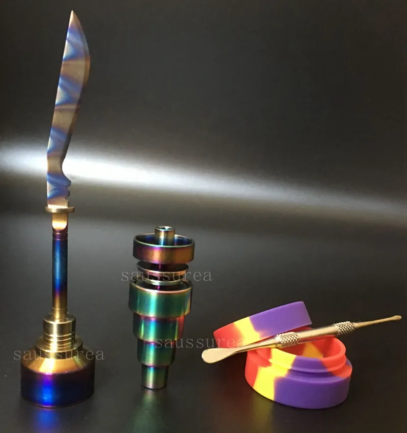 Newest Glass Bong Tool Set Anodized Colorful Titanium Nail Rainbow Carb Cap Dabber Slicone Jar for Glass Water Pipes