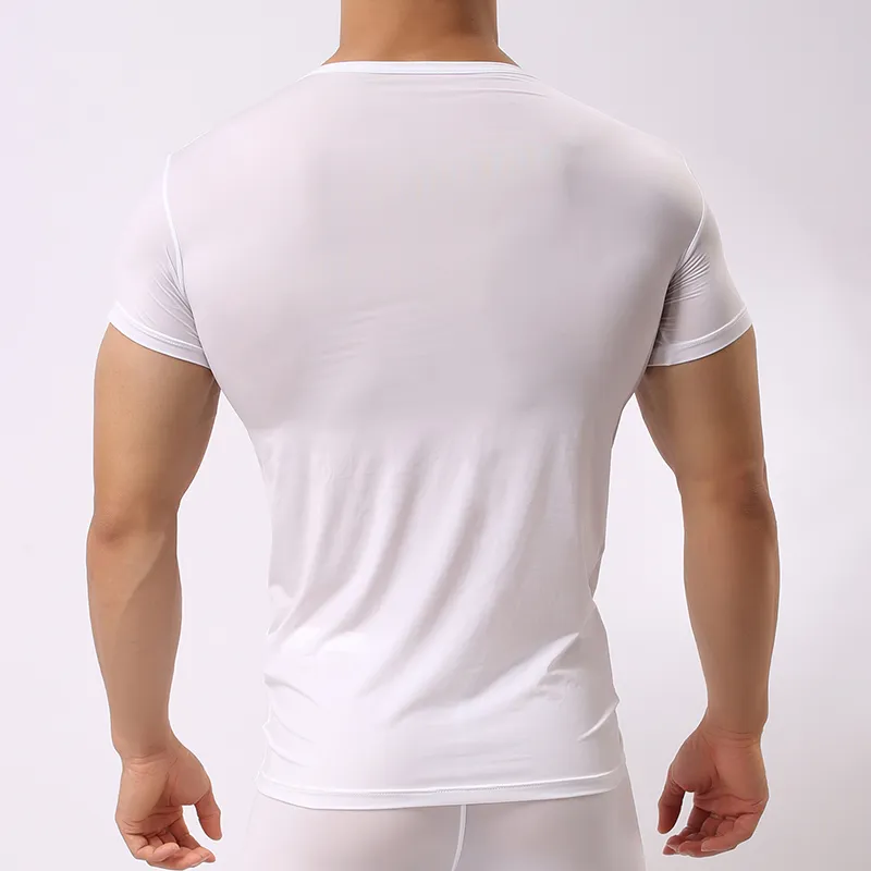 Man Undershirt Ice Silk Ultra-thin Spandex T-Shirts Male V-neck Thin Short Sleeves Tops Underwear Breathable Quick Dry Slimming Tank Tops