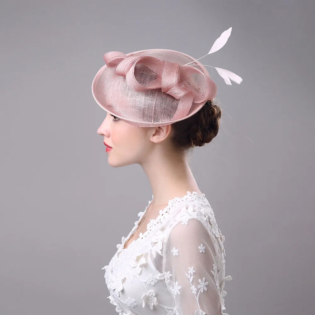 2017 Women Bridal Hat Linen With Feather Lady Chic Fascinator Hat Cocktail Wedding Party Church Headpiece Hair Accessories7814853