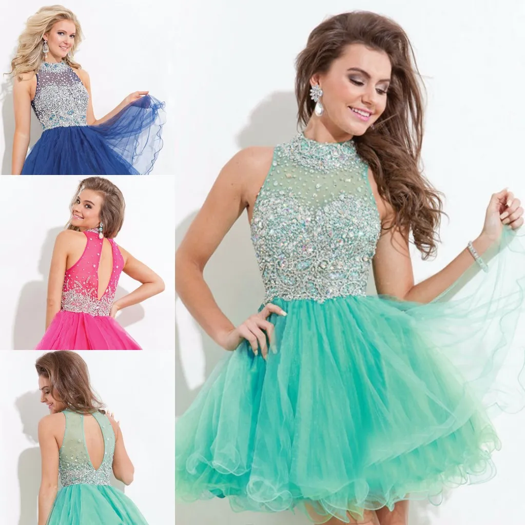 Mint Green Navy Blue Fuchsia Short Prom Dress Sexy Bling Bling Beaded Women Wear Special Occasion Dress Evening Party Dress