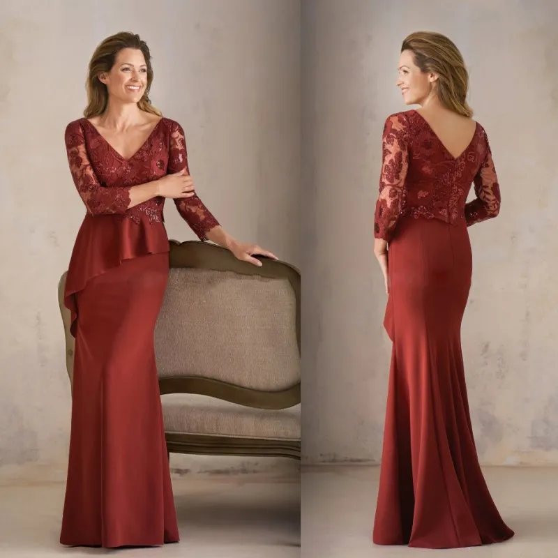 New Burgundy Mother of the Bride Dresses 3/4 Sleeves Lace Appliqued Moms Gowns Plus Size Mermaid Woman Evening Dresses Bolero