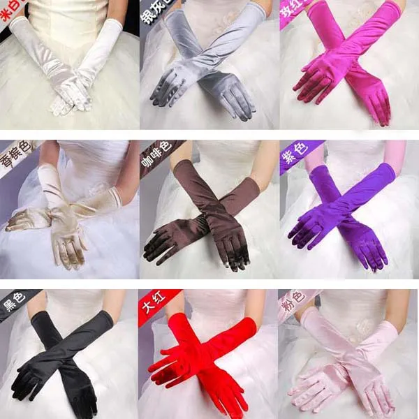 Elegant Women Evening Party Opera Bridal Wedding Satin Arm Hand Sleeve Long Gloves Simple Design White Black Red Pink Purple Royal Blue