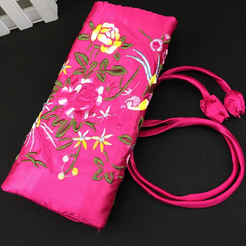 Embroidered flower Birds Satin Fabric Jewelry Roll Up Travel Bag Drawstring Women Makeup Bag Zipper Portable Cosmetic Storage Bag 