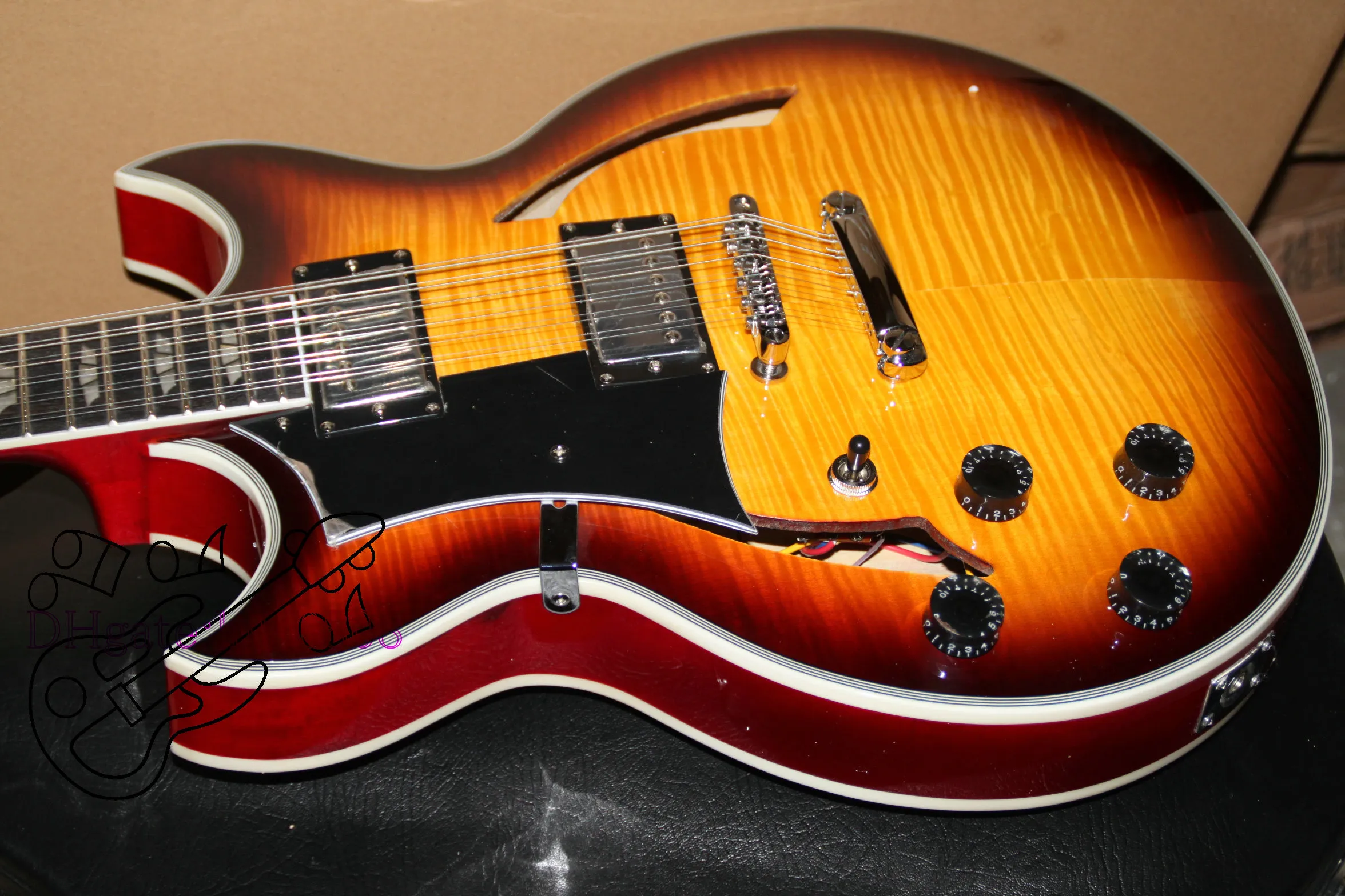 Custom 12 Struny Gitara Leworęczna Gitara Sunburst Hollow Body Jazz Gitara Elektryczna Darmowa Wysyłka