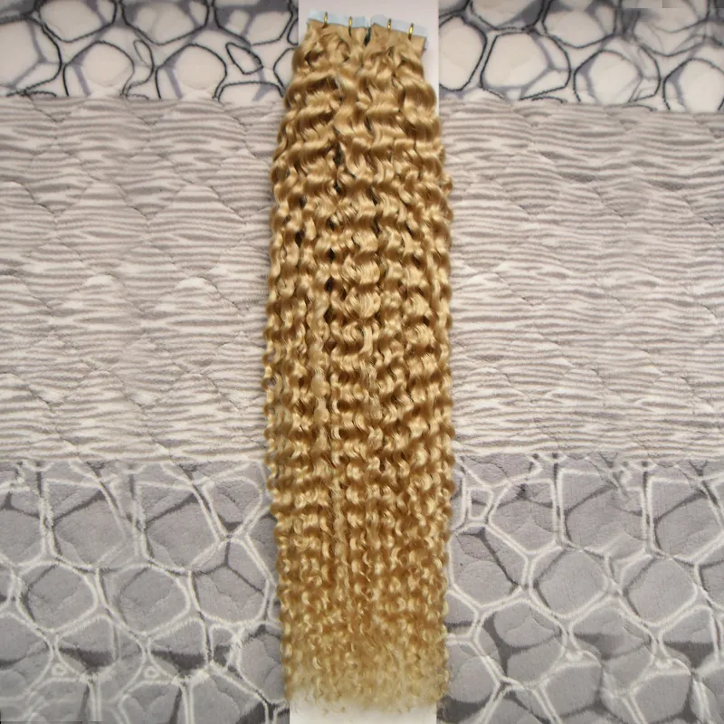 # 613 Bleach Blondynka Brazylijski Dziewiczy Włosy Kinky Curly Skin Weft Taśma Włosów Rozszerzenia 100g Taśma w Ludzkich Przedłużeniach Włosów 40 sztuk