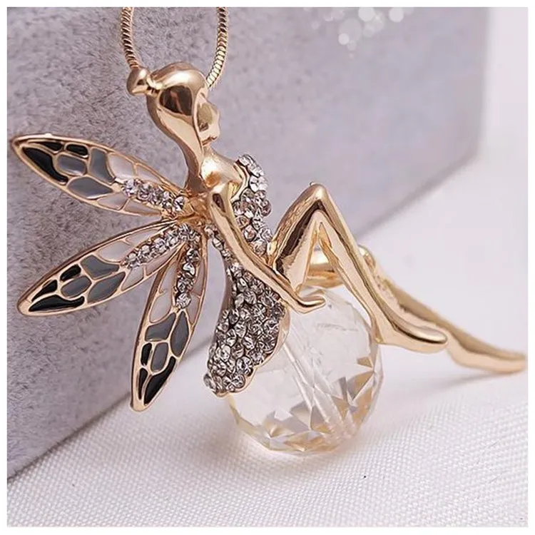 Exquisite Engelsflügel Schmetterlingsflügel Fairy Crystal Strass Anhänger Halskette Pullover Kette kompatibel mit Pandora Schmuck