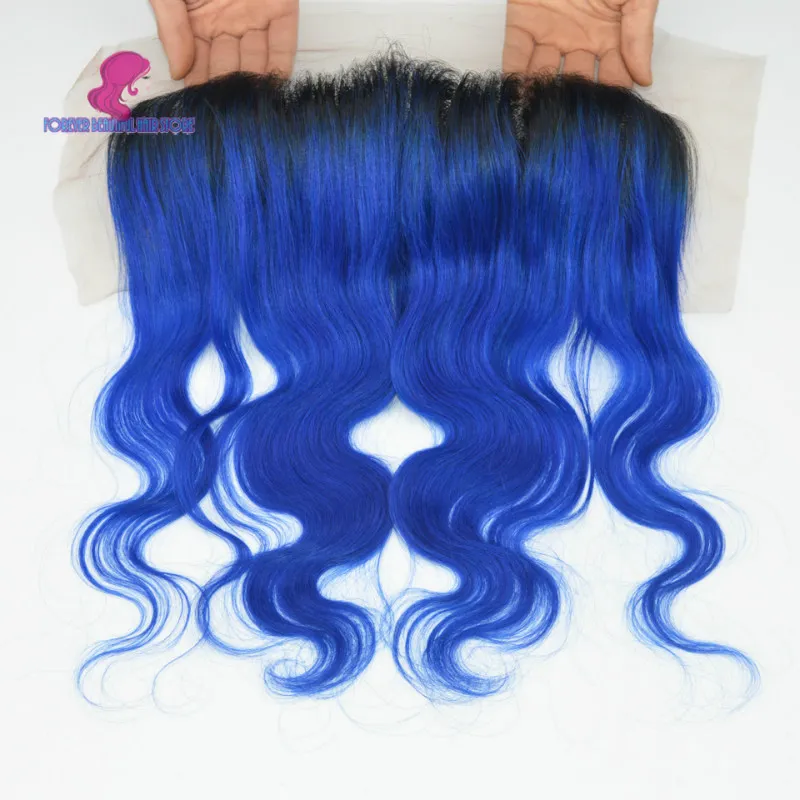 Ombre bleu dentelle frontale 13x4 cheveux péruviens vague de corps frontal # 1b/bleu/rouge/vert/violet fermeture noeuds blanchis