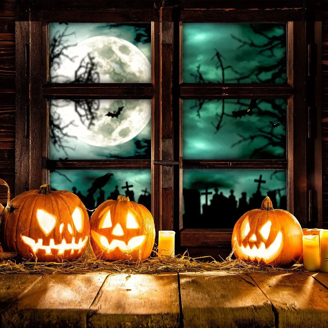 Pumpa lykta halloween bakgrund för fotografering fullmåne natt utanför fönster barn barn foto studio bakgrund trä plank golv