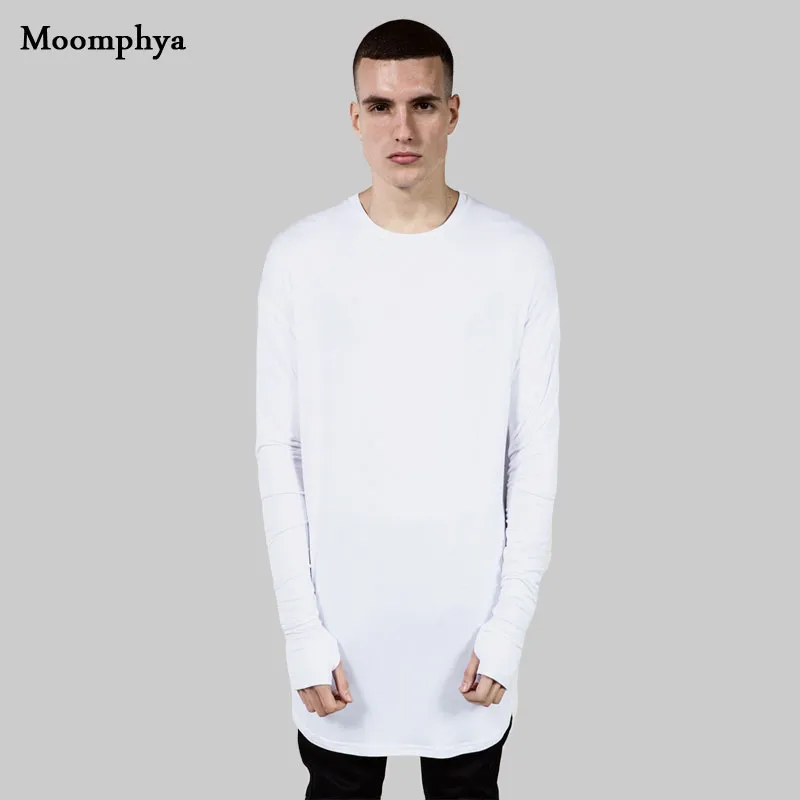 Wholesale-Long style Mens Tops T Shirt full Sleeve T-Shirt With Thumb Hole Cuffs T Shirt High Street Wear Shirt Curved Hem swag t shirt