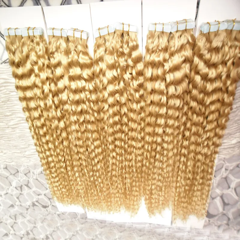 Färg 613 Blek blond brasilianskt hår 500g Applicera tejphäftande hudväfthår Brasiliansk Kinky Curly Tape In Human Hair Extensions