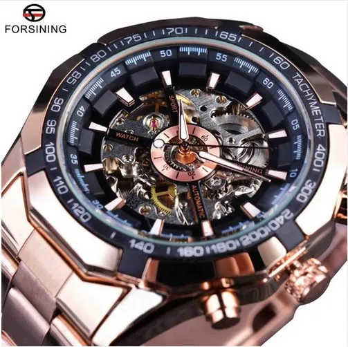 Forsining Sport Racing Series scheletro in acciaio inossidabile quadrante dorato nero orologi di lusso di marca superiore orologio automatico da uomo orologio da uomo332n