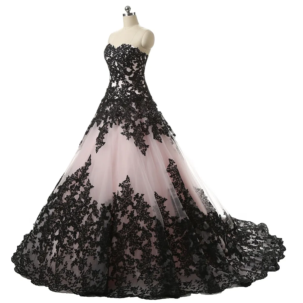 Robes de mariée robe de bal gothique noir rose rougissant chérie dentelle Appliques robes de mariée Vintage mariage non blanc Colorful316I