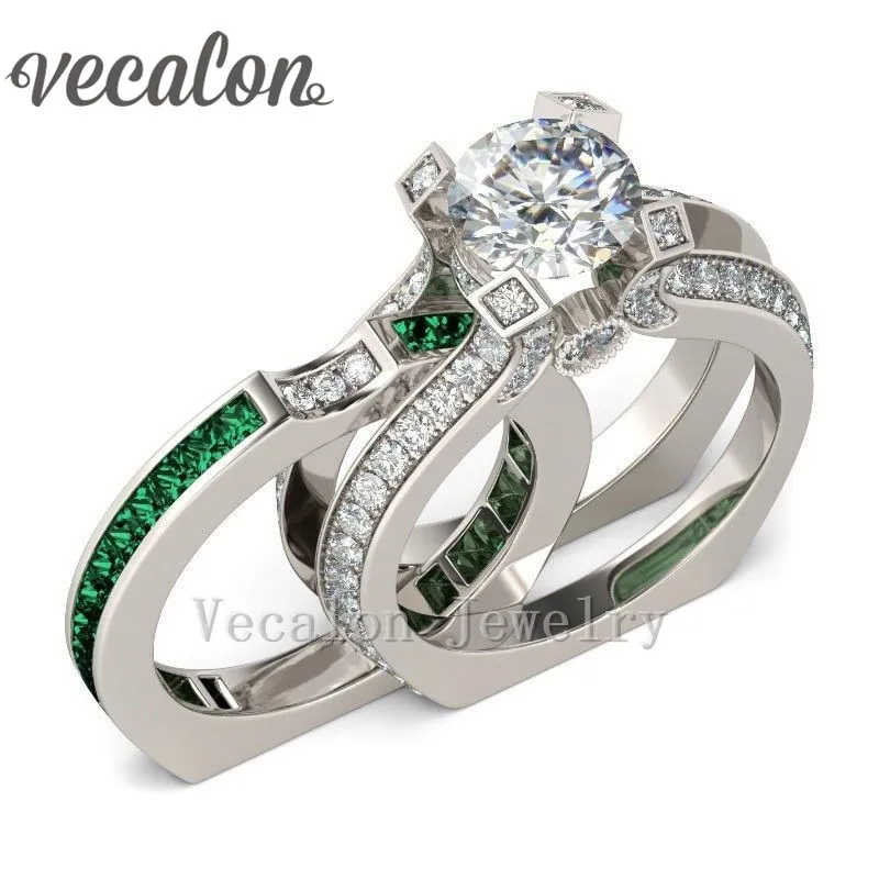 Vecalon Kvinna Lyxiga Smycken Förlovningsring Emerald Simulated Diamond Cz 925 Sterling Silver vigselring för kvinnor