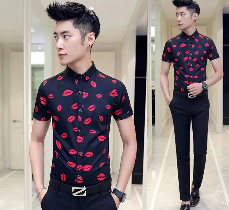 Wholesale-2016 New arrival Men's Clothing air stylist Red lips printing short sleeved Casual shirt Male Fashion slime Leisure Club Tops