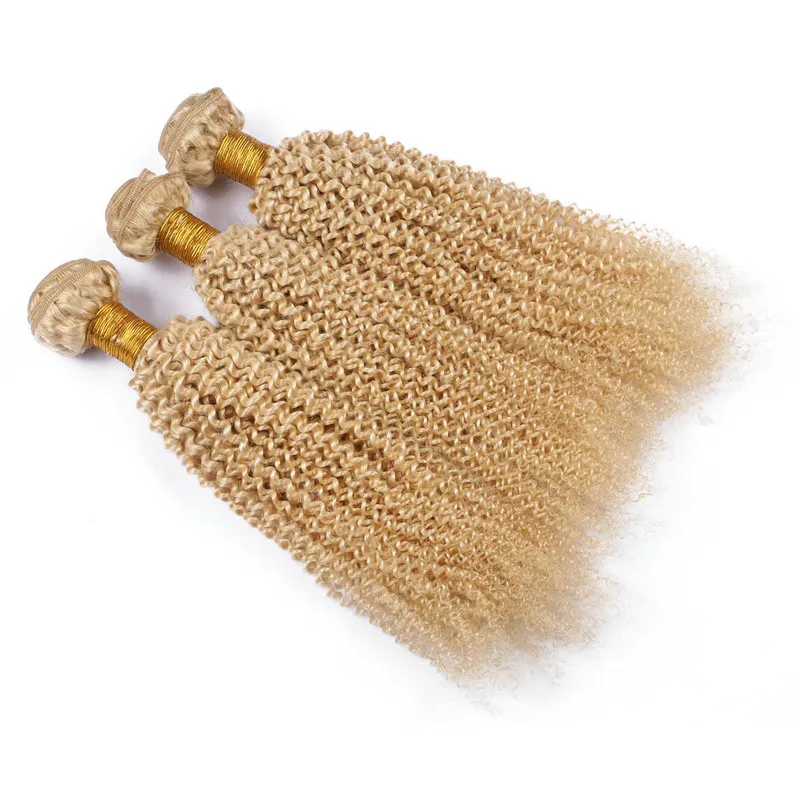 Top Grade Virgin Brasilian Blonde Hair Extensions Kinky Curly # 613 Bleach Blond Human Hair Weave Bundles 10-30 