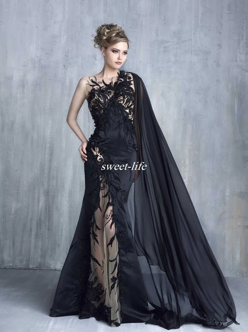 2020 Tony Chaaya Mermaid Veal Dresses Sexy Black Lace Deliques Prom Downs with Cape Illusion Tulle Hoded Celebique F2508