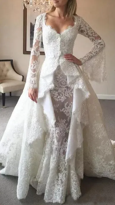 2017 vestidos de casamento Lace inverno com casaco de trompete manga longa destacável do trem do vintage vestidos de noiva Custom Made China EN9207