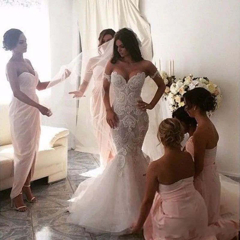 Steven Khalil Dubai Abito da sposa arabo Sirena con spalle scoperte Corte dei treni Applique Abiti da sposa in pizzo senza schienale Realizzati su misura