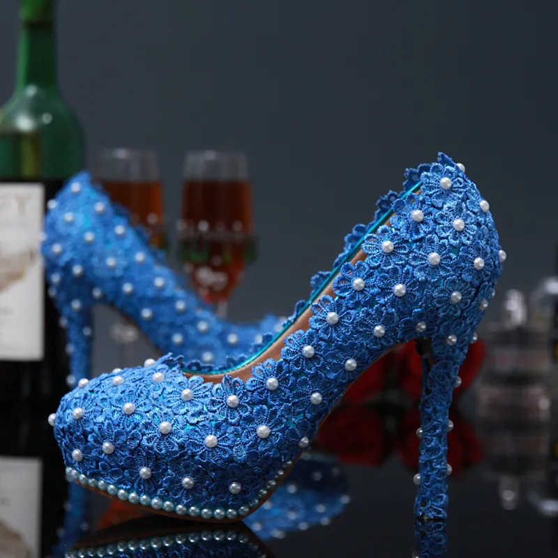 2016 Zapatos de boda de encaje con tacones altos 14 cm 12 cm 10 cm Cristales Perlas Zapatos de fiesta nupcial Zapatos de noche de envío rápido