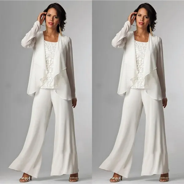 Moda Marfim Mãe da Noiva Calça Terno Colher Pescoço Rendas Top Chiffon Mãe Terno de Mangas Compridas Convidado Do Casamento Desgaste Do Partido Barato