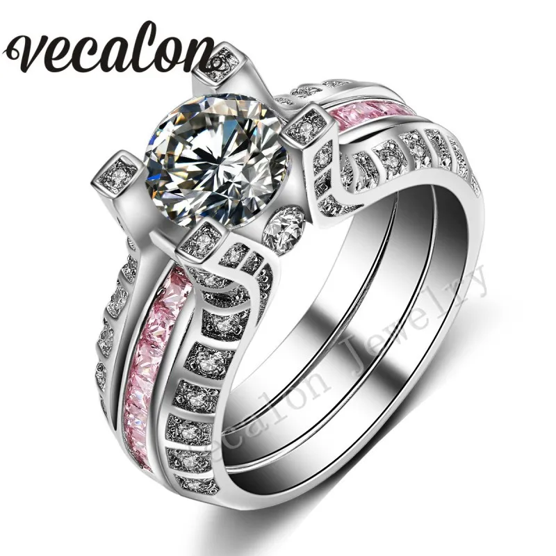 Vecalon 3 färger 5ct Simulated Diamond CZ 2-in-1 Engagemang Bröllop Band Ring Set för Kvinnor 14kt Vit Guldfylld Party Ring