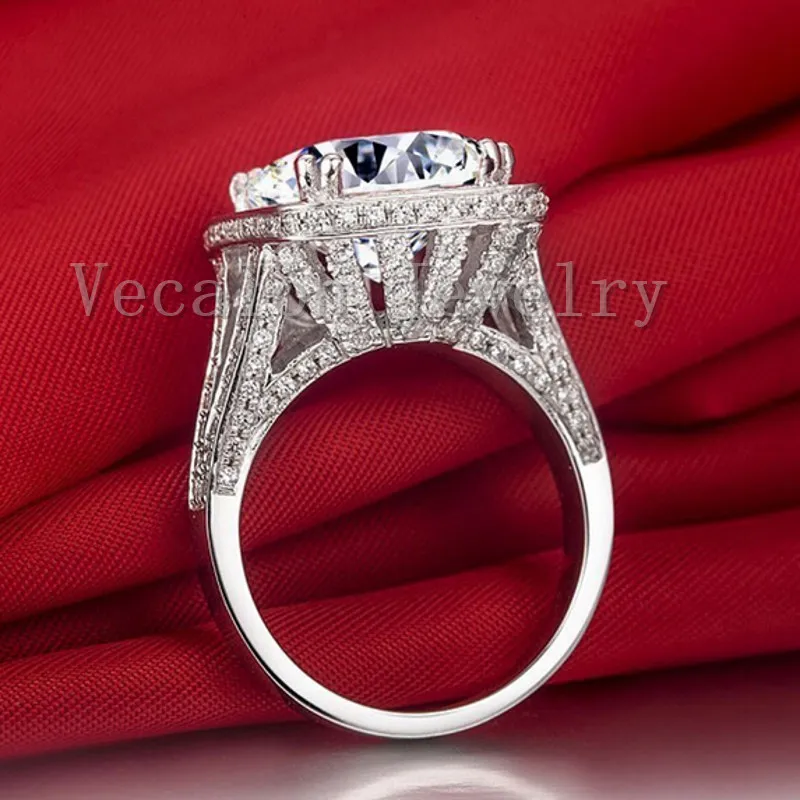 Vecalon Anello di fidanzamento fedi nuziali donna Taglio cuscino 10ct Diamante simulato 192 pezzi Cz 14KT Anello in oro bianco riempito con dito