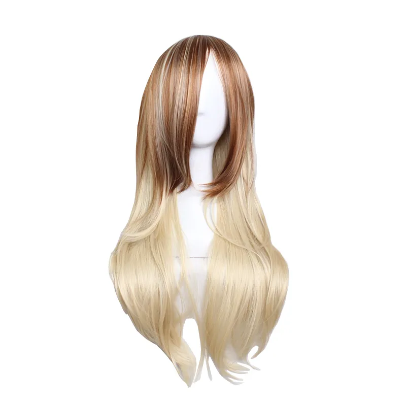 Women Ombre Wave Synthetic Hair Wig Fashion Heat Resistant Hair Brown Beige Mix Color Gradient Golden Long Wavy Cosplay Wigs Female Party