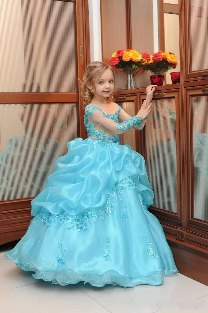 Hellblaue Spitze-Mädchen-Festzug-Kleider mit transparentem Ausschnitt, Pailletten-Applikationen, Ballkleid, Blumen-Mädchen-Kleider für Hochzeiten, Organza-Kinder-Partykleid