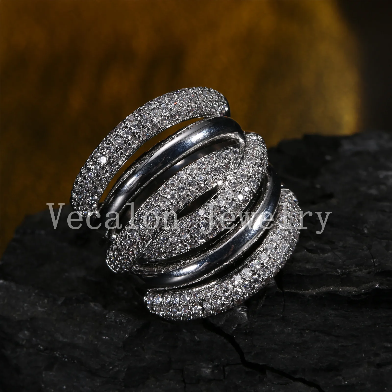 Vecalon Pave 세트 토파즈 시뮬레이션 다이아몬드 CZ 크로스 약혼 결혼 반지 14kt 화이트 골드 가득한 여성 밴드 반지
